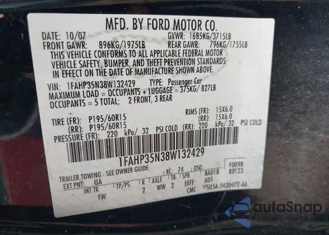 2008 Ford Focus Se/Ses из США, поврежденный, VIN 1FAHP35N38W132429
